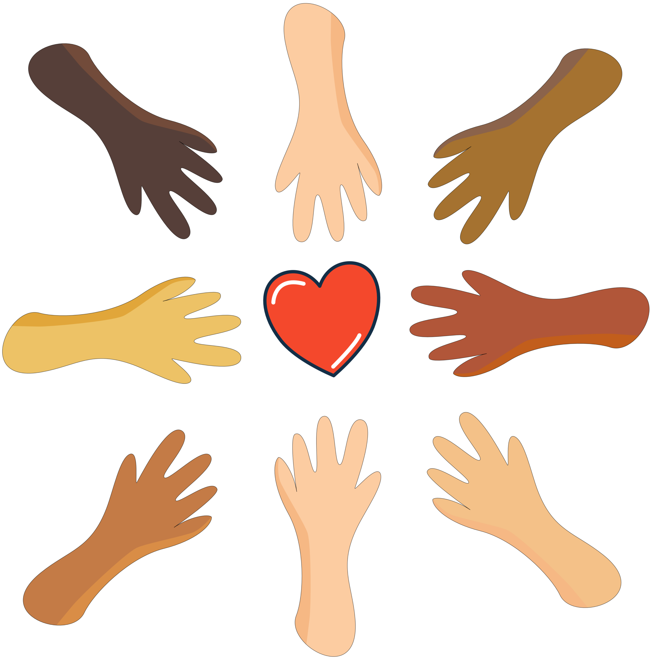 Diverse hands reaching toward a heart